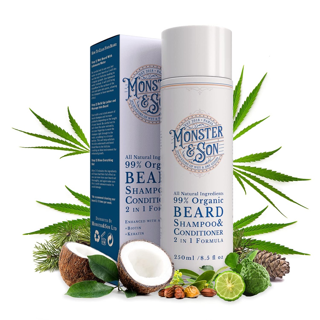 Monster & Son Organic Beard Shampoo & Conditioner 2 i 1 - Beard Wash med villkor för män - Gentle Face Cleanser för känslig hud - Hypoallergen, Paraben & Sulphate Free - Långvarig 250ml