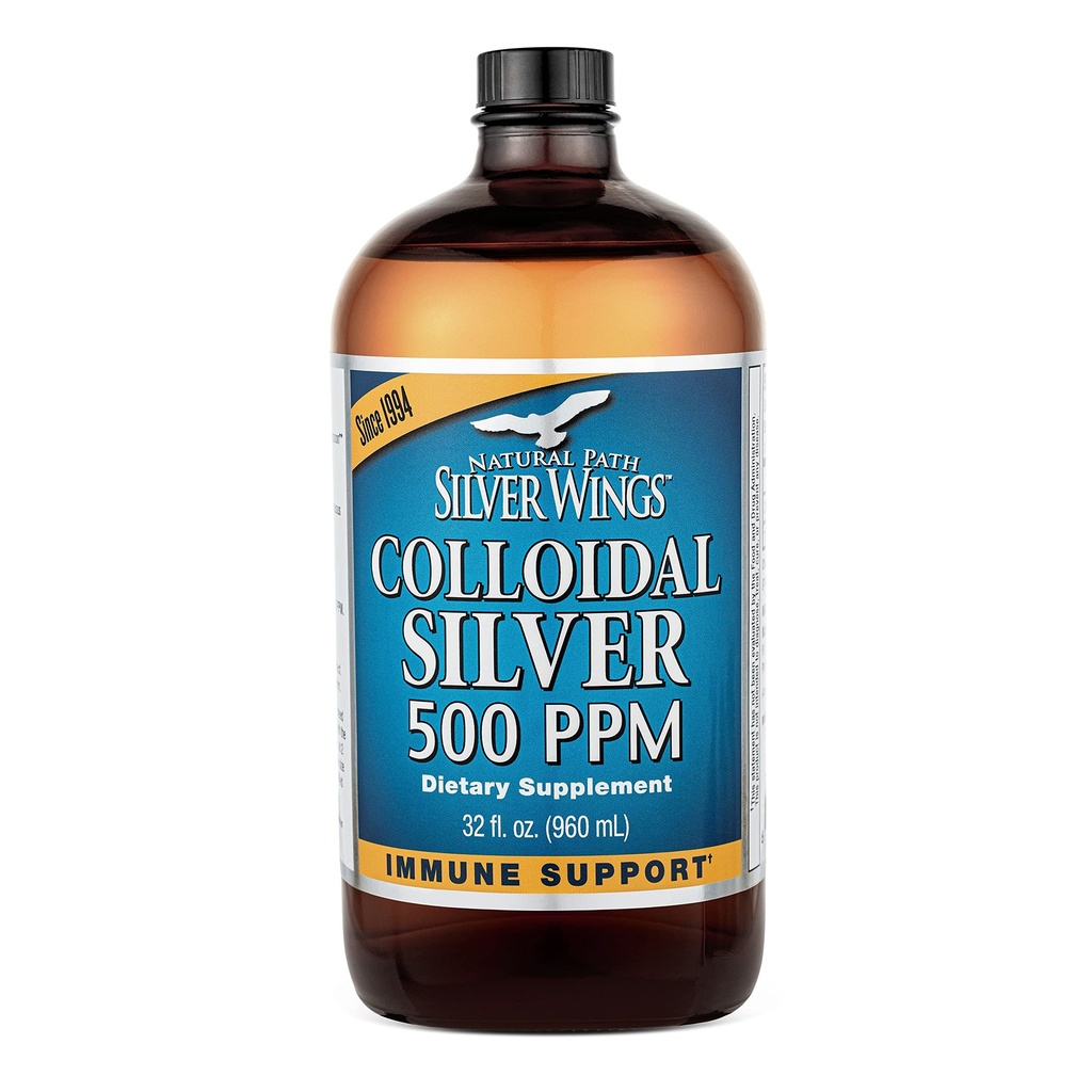 Luonnollinen polku Silver Wings Kolloidinen hopea 500ppm (2 500 mcg) Immuunituki täydentää 32 fl. oz.