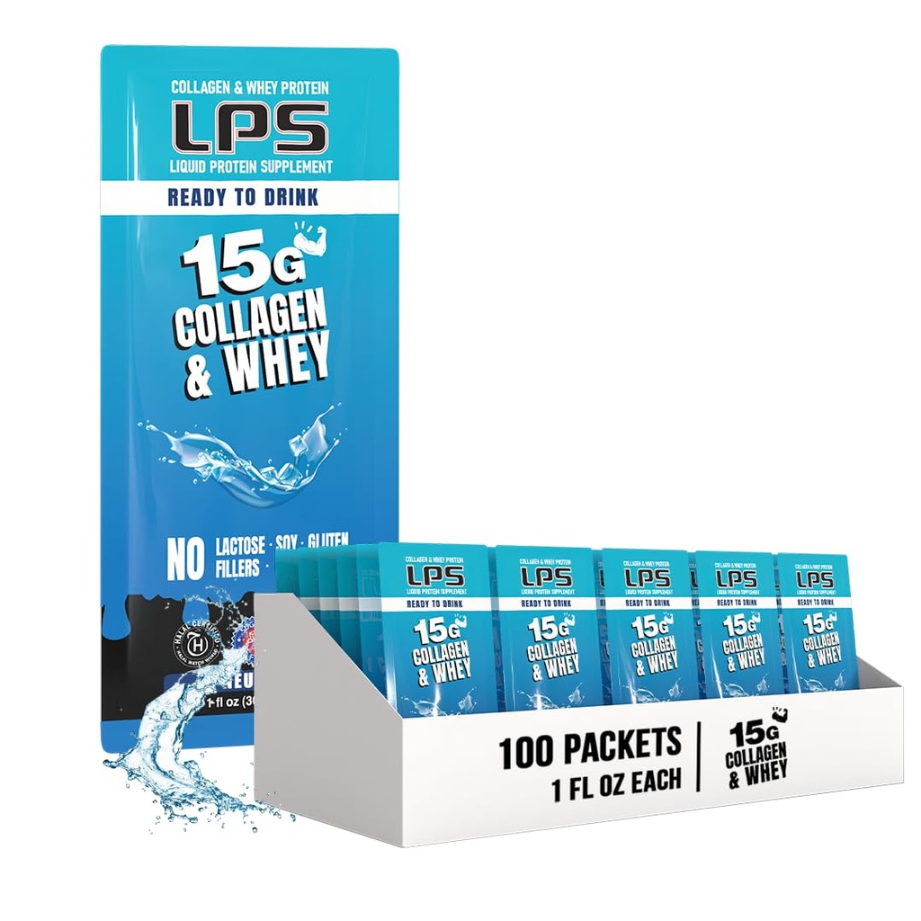 LPS Liquid Collagen & Whey Protein Supplement - Ei-GMO Drink, Sokeriton - edistää terve iho & hiukset miehille & naisille, neutraali, yksi tarjoilu (100 Packets)