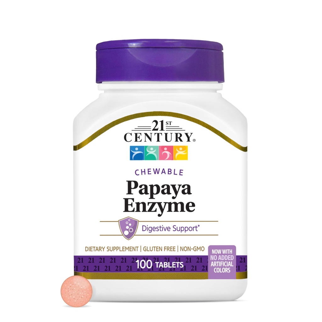 21st Century Papaya Enzyme Chewable (100 greve), Papaya & Pineapple Digestive Enzymes for Gut Health, Tropical Flavor, Non-GMO, Gluten-Free, No Added Salt, Artificial Flavors