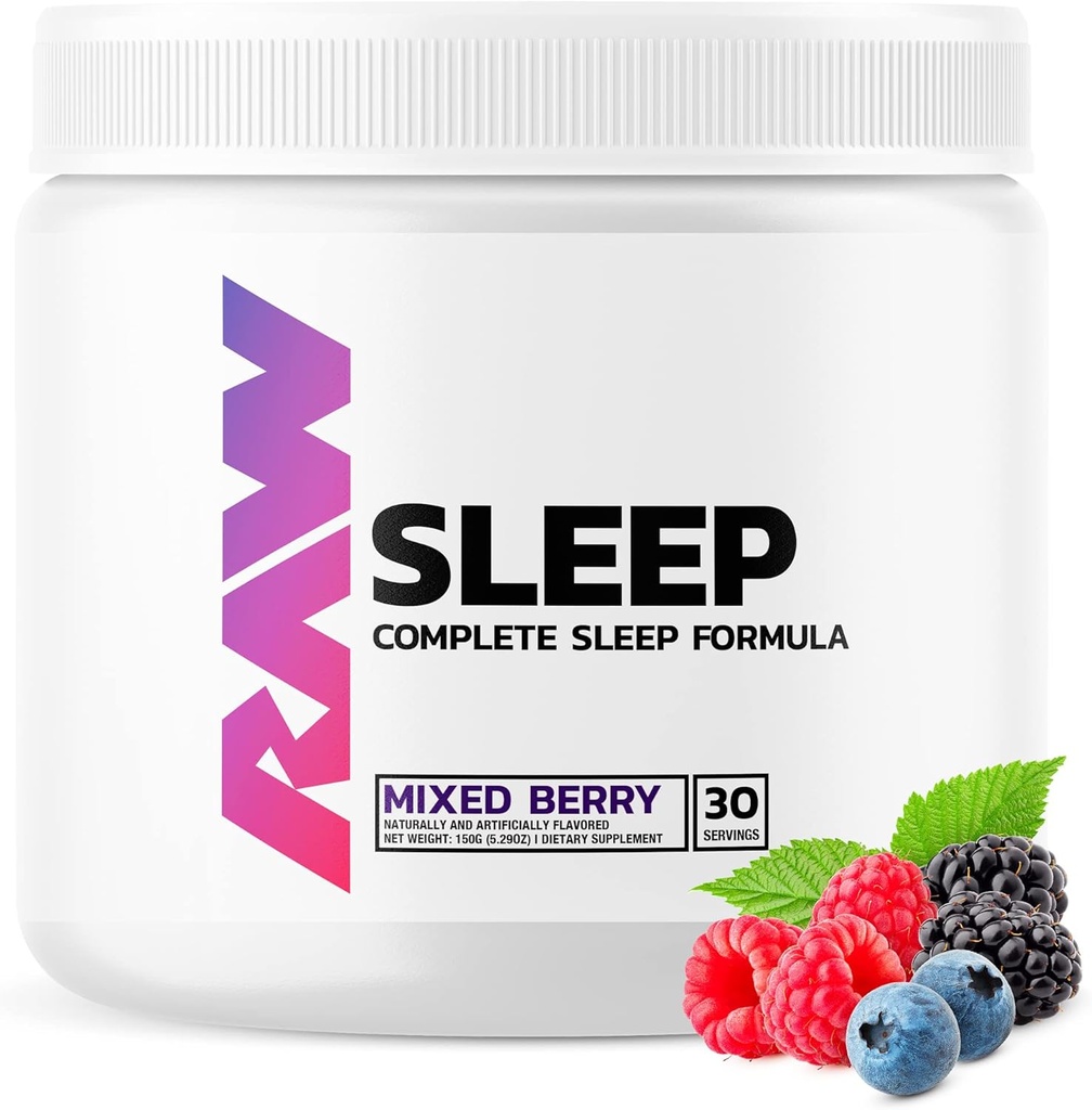 RAW Natural Sleep Aid Supplement - Rentoutus Enhancer & Mood Support Melatonin, Magnesiumin, Sinkin, L-Tryptophan & Lemon Balm Extract rentoutua & rauhoittaa mielen ja kehon - 30 tarjoilut, Mixed Berry