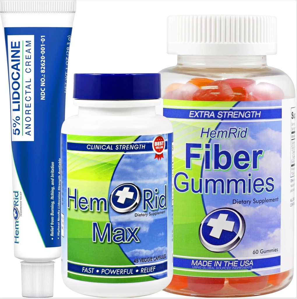 HemRid Complete Hemorrhoid Support System - Max Formel, Lidocaine Cream & Fiber Gummies för omedelbar lättnad och långvarig komfort