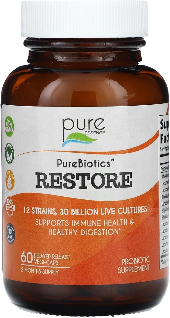 PURE ESSENCE LABS Restore Probiotic Supplement 30 miljarder CFU - Probiotika för män och kvinnor - 12 stammar för immunstöd och matsmältningshälsa - naturligt stöd för lindring av förstoppning (60 Caps)