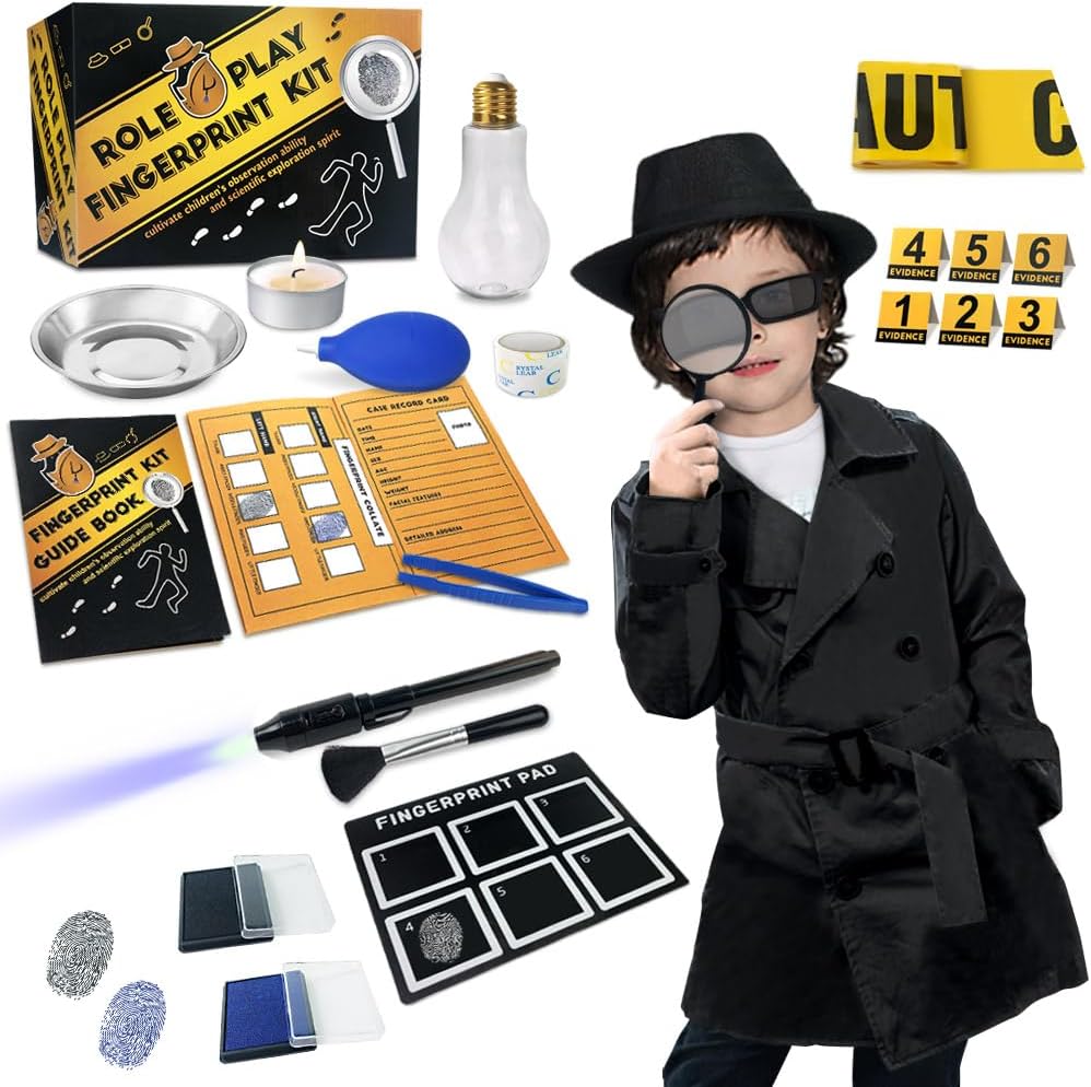 Spion Kit för barn Detektiv Outfit Fingerprint Leksaker för 5 6 7 8 9 10 11 år gamla pojkar Flickor Utredning Rollspel Dress Up Kostym Utbildningsvetenskap Hemliga Agent Finger Print Identifiering