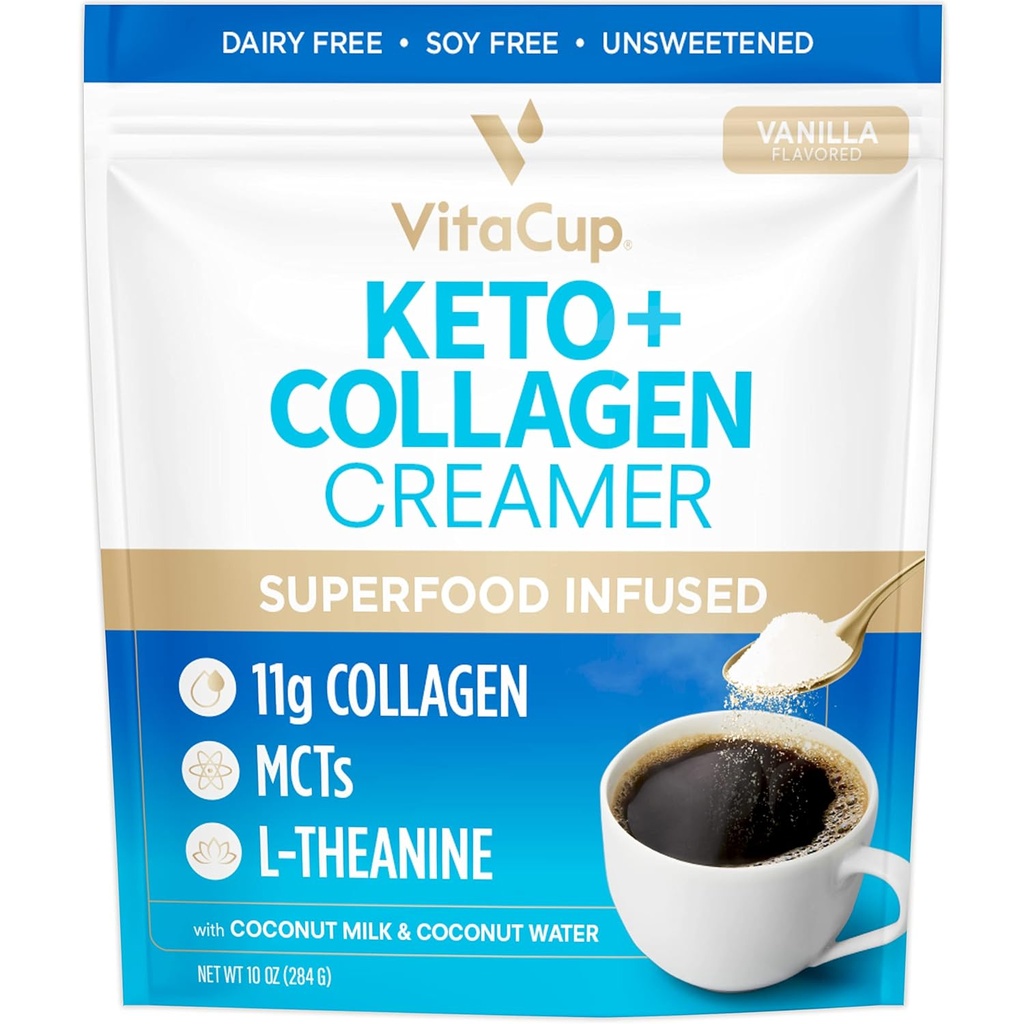 VitaCup Keto + Collagen Coffee Creamer Vanilla Maku MCT, Kookosproteiini, Kookosvesi, L-Theanine Keto Diet, Käyttö kahvissa, Smoothies, & Shakes, Dairy-vapaa, Gluteeniton, soijaton, 10oz