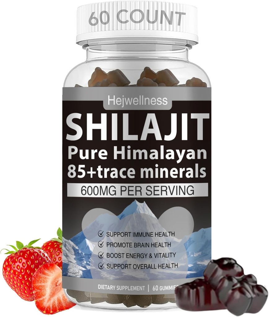 Shilajit Gummies - 600 mg Natural Organic Shilajit Hartsi 85+ Trace Minerals, Fulvic Acid & Phytonutrients - Mansikka maku - energia, immuuni tuki - 60 Gummies, 1 kuukauden tarjonta