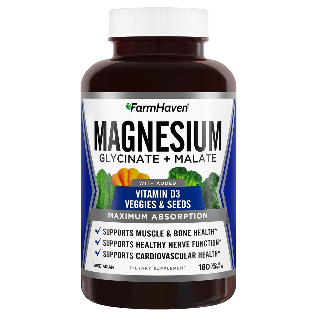 FarmHaven Magnesium Glycinate & Malate Complex w/Vitamin D3, 100% kelated Max Imeytyminen, kasvissyöjä ...