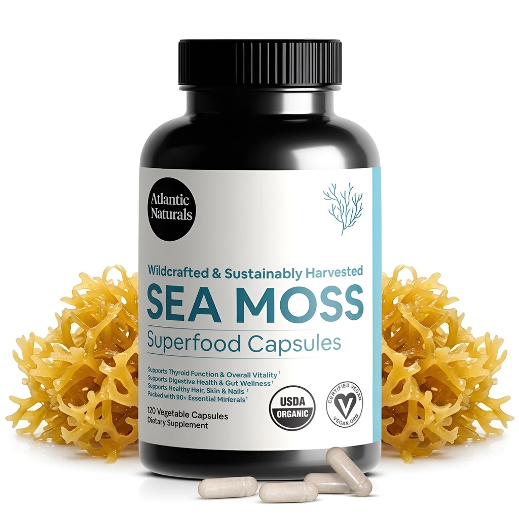 Atlantic Naturals Sea Moss Capsules med Moringa, Ashwagandha, Black Seed Oil, Ginger & Ginseng – Atlantic Sea Moss Supplements for Men and Women – for Daily Energy & Wellness Blend – 120 Count