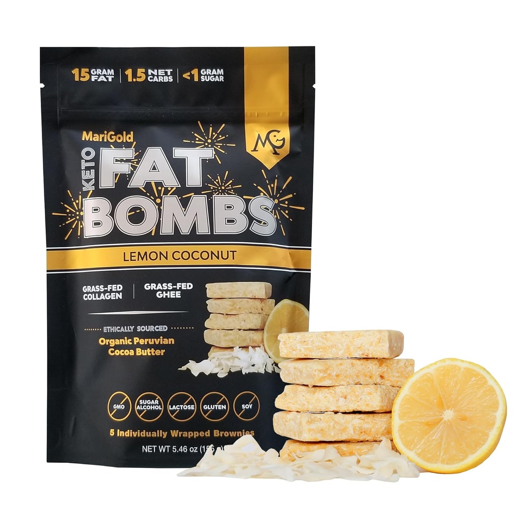 MariGold Keto Fat Bombs - Sitruuna Coconut - Low Carb, Collagen Rich, Grass-feed Ghee, Luomu kaakaovoi, gluteeniton, ei-GMO (1 pussi, 5 tarjoilua)