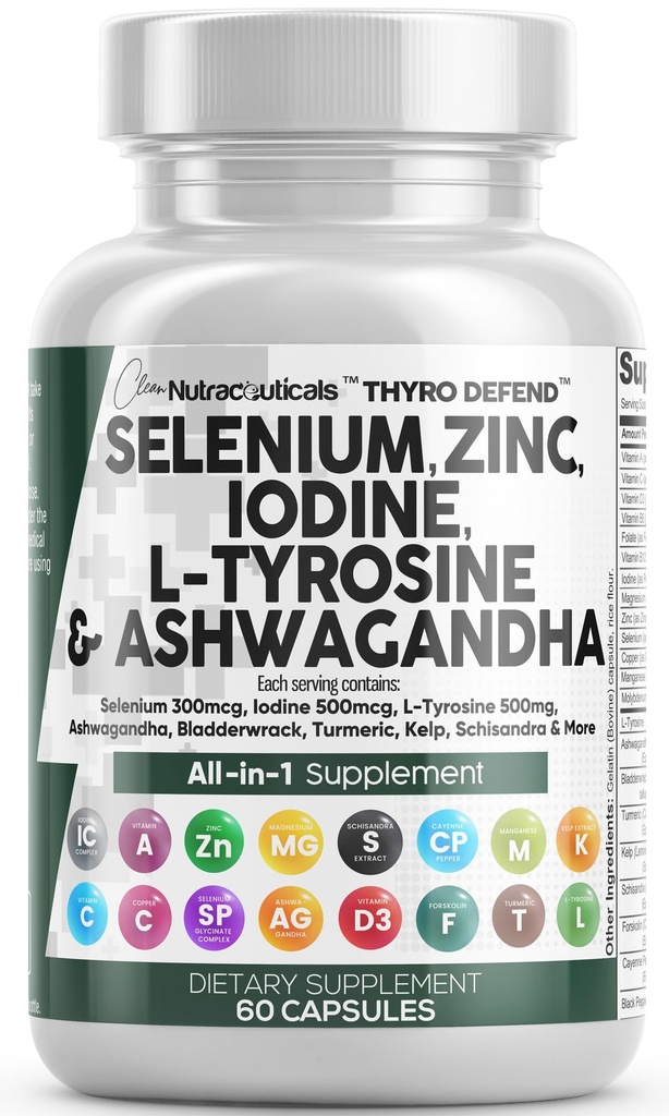 Clean Nutra Selenium 300mcg jod 500mcg sköldkörtel stöd för kvinnor och män | L Tyrosine 500mg Ashwagandha Supplement Bladderwrack, gurkmeja, Kelp, Schisandra Zinc Pills kapsel tillägg