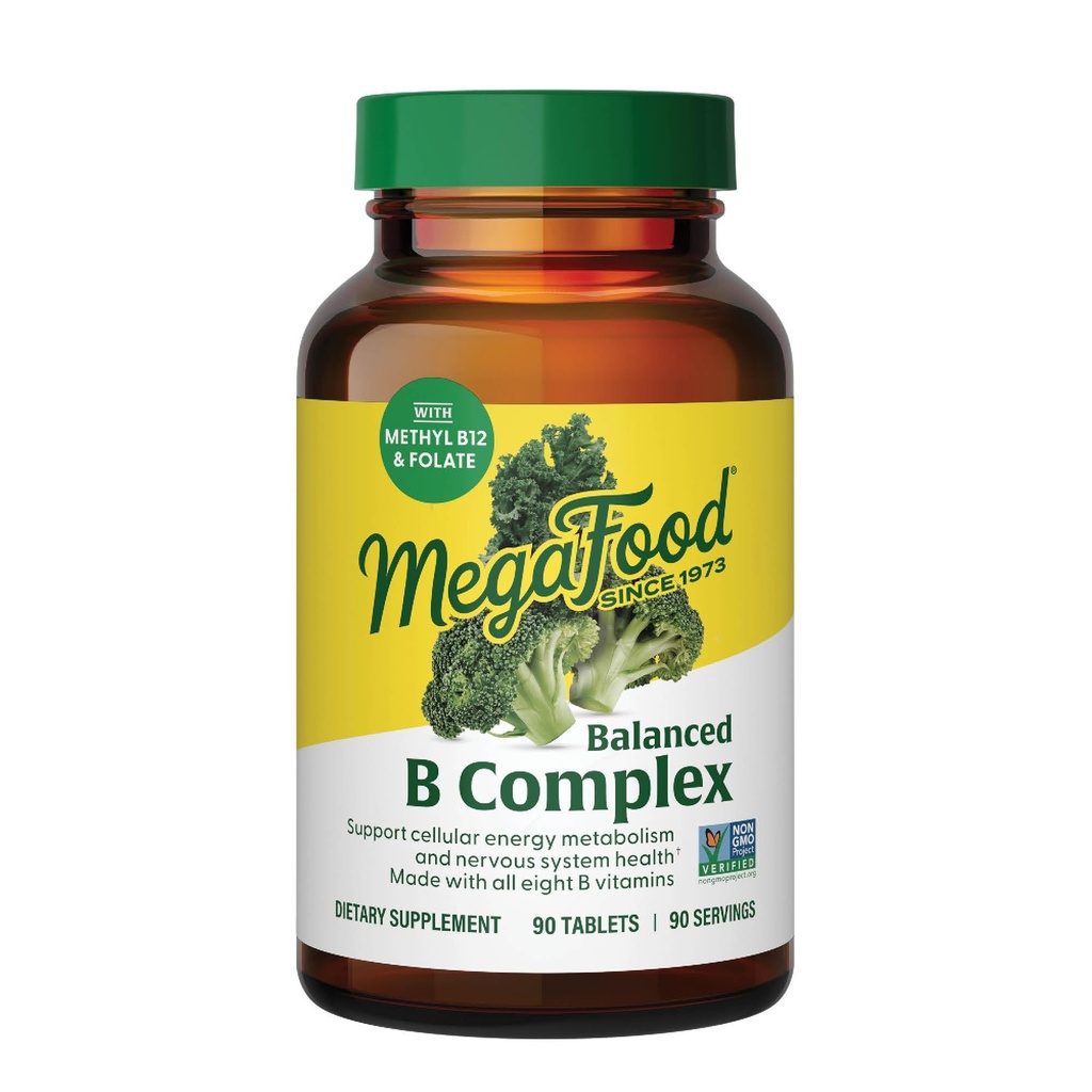 MegaFood Balanced B Complex - B Complex Vitamiini Supplement, 8 B-vitamiini mukaan lukien B6-vitamiinia, B12-vitamiinia, Folaattia, Biotiiniä & enemmän, Tukee Cellular Energy Production, Vegaania, Gluteeniton - 90 tablettia