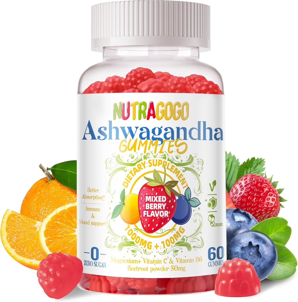 Ashwagandha Gummies & D3-vitamiini Gummies 60 Count - Organic Aswangdha lisäravinteet parantaa unta, stressin lievitys ja mieliala rauhallinen(Mixed Berry, vegaaninen, kasvipohjainen,Gluteeniton ja liivate vapaa) 1 pack