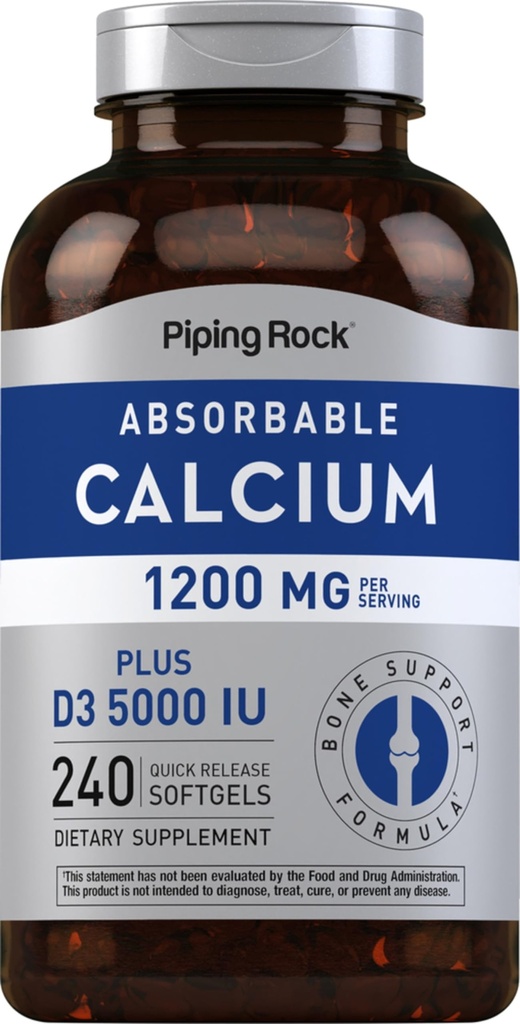 Piping Rock Calcium 1200 mg med vitamin D3 | 240 Softgels | 5000 IE Vitamin D3 | Absorbable Calcium Supplement| Non-GMO, Gluten Free