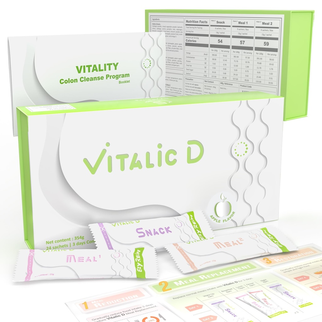 Vitalic D, 3-päiväinen puhdistusohjelma & Gut Health Support ... Kasvipohjainen detox-jauhejuomaa digestiivisille reseteille, kevyt tunne ja päivittäinen hyvinvointi Apple Flavor