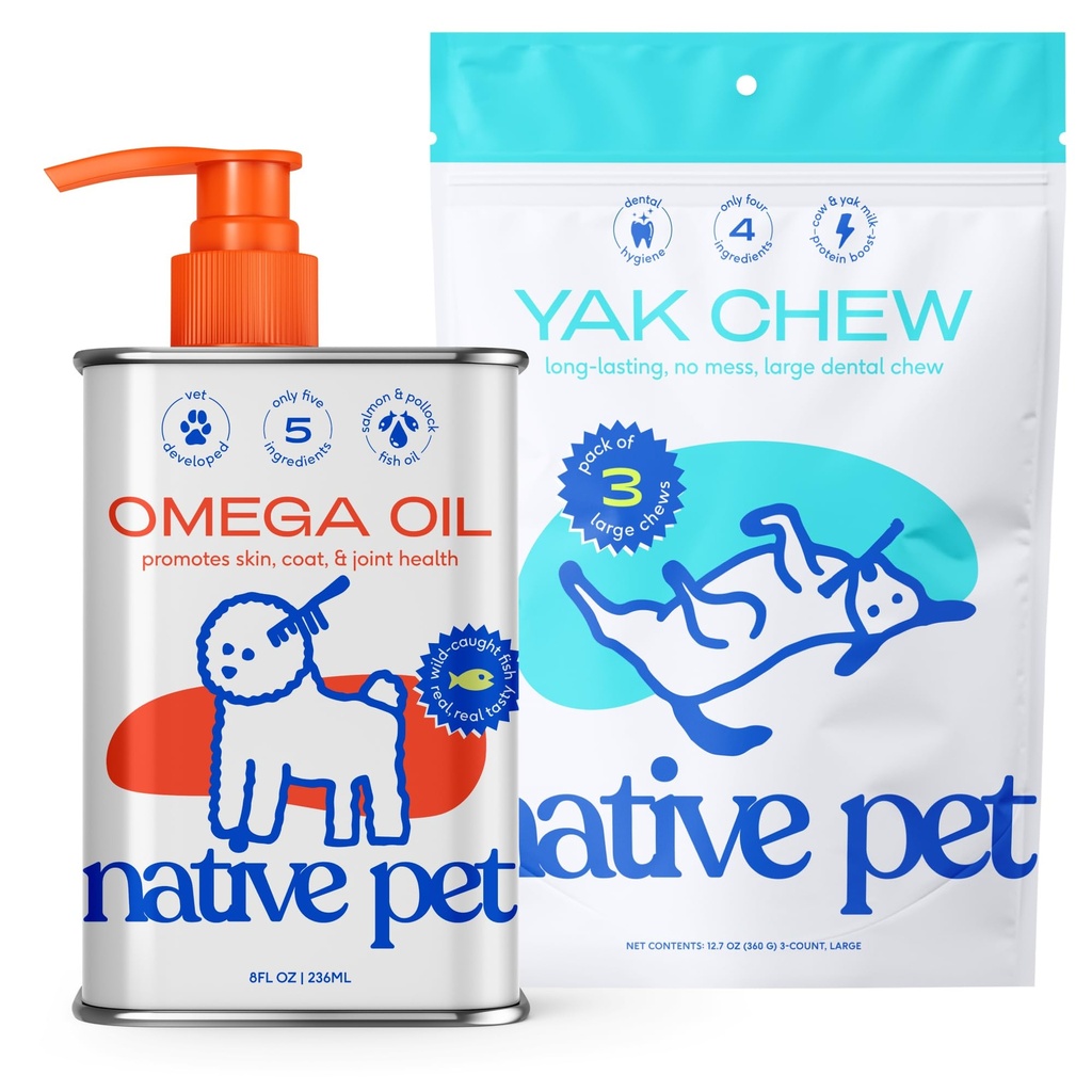 Native Pet Omega Oil for Dog - Koiran kalaöljyä lisäravinteet & Yak Chews for Dogs