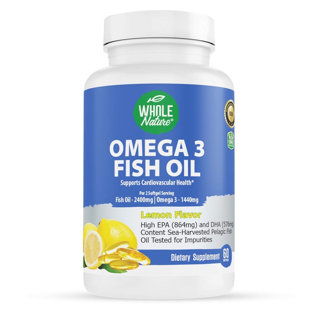 Omega 3 fiskoljetillskott, maximal styrka 2400 mg Omega-3, 1440mg fiskolja, EPA DHA fettsyror, hjärthälsa, vision, ögon, hjärna, immunstöd för kvinnor och män. Naturlig citronsmak, 60 ct (1)