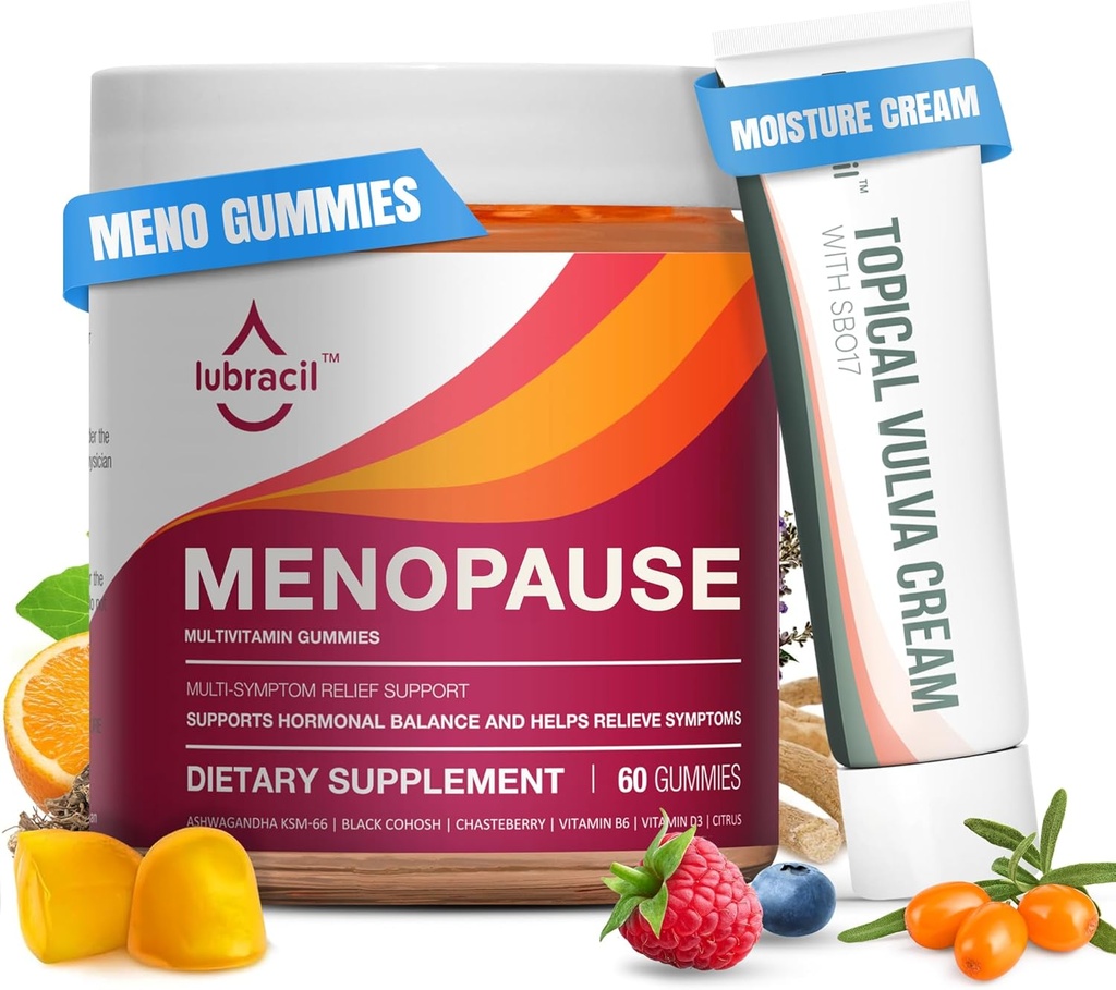 Lubracil Menopause Gummies & Upodical Vulva Cream Bundle ... Hormoniton tuki kuumille välähdyksille, emättimen kuivumiselle, kutinalle, mielialan heilumiselle ja yöhikoilulle, joissa on musta Cohosh, Ashwagandha, Omega-7 & E-vitamiini