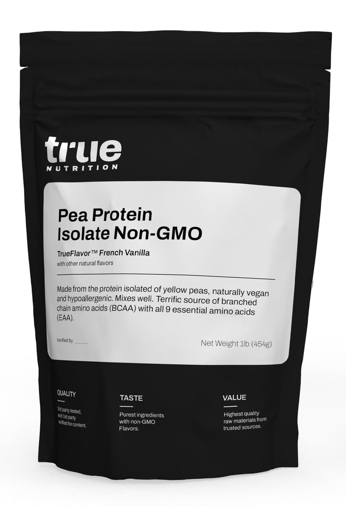 True Nutrition Pea Protein Powder Isolate - 25g ei-GMO Vegan Protein Powder per Serving - Low Carb, Low Fat, High Leusine - Gluteeniton, Dairy Free, Soy Free - Ranskan Vanilla - 1LB