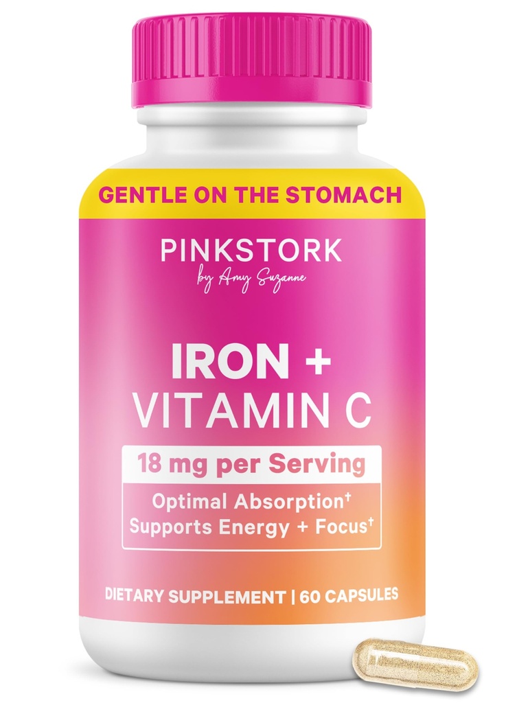 Vaaleanpunainen Stork Prenatal Iron Supplement for Women - 18 mg non-Constipting Iron & C-vitamiini raskauden, synnytyksen, & imetys - Focus, väsymys, & Verisolujen tuotanto - 2 kuukauden tarjonta