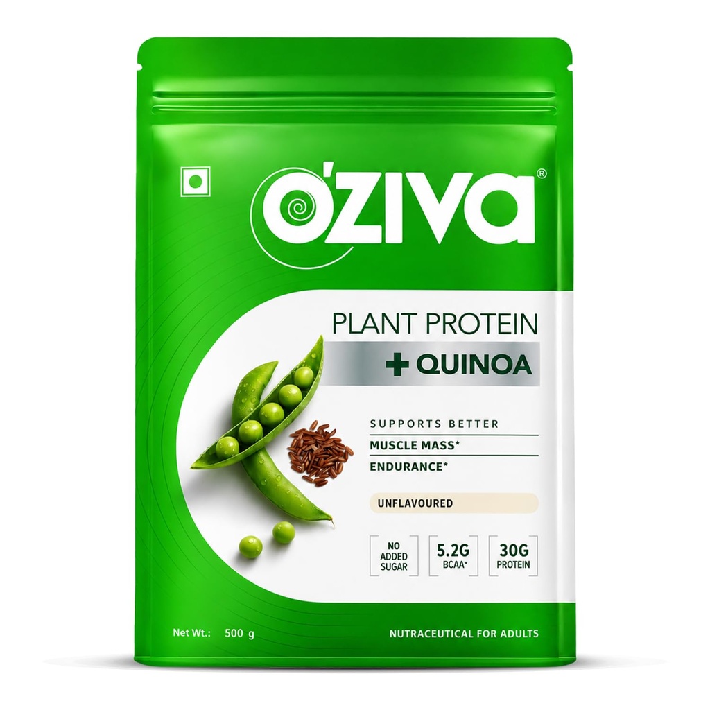 OZiva Organic Plant Protein Powder | 500 Gm | (30g Vegan Protein - Pea Protein a, Brown Rice Protein & Quinoa, Soy Free) för Everyday Fitness, Boosts Immunity, Unflavored (1.1 lb)