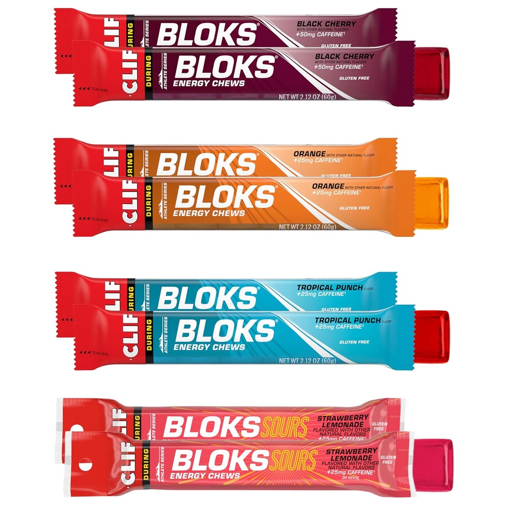 Clif Blokit - Energy Chews with comfeine - Variety Pack - Ei-GMO - Plant Based - Fast Fuel Pyöräily ja käynnissä - Quick Carbohydrates ja Electrolytes - 2.12 oz. Packets (8 Count)