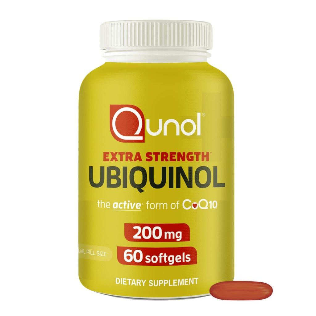 Qunol 200mg Ubikinoli, voimakas antioksidantti sydämen ja verisuoniston terveys, olennainen energiantuotannossa, Natural Supplement Active Form CoQ10, 60 count