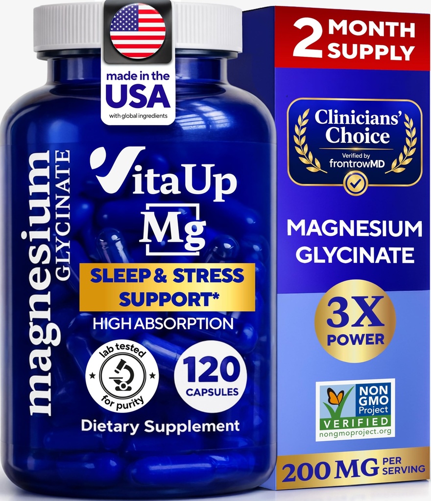 Magnesium Glycinate 200mg - USA Made Magnesium Supplement för sömn, hjärta, ben, Metabolism Support - Hög Absorption Magnesium Bisglycinate Capsules - 120 Vegan Chelated Capsules