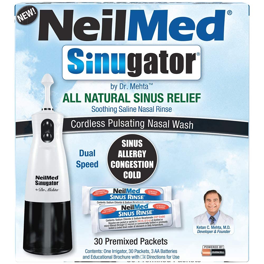 NeilMed Sinugator Langaton sykkivä Nasal Irrigator (kaksinkertainen nopeus) 30 Premixed Packets ja 3 AA-paristot - musta (pakkaus 1)