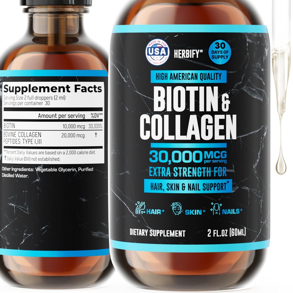 HERBIFY Collagen ja Biotin Liquid Drops - nopeampi Imeytyminen täydentää hiusten kasvua ja vahvempia kynsiä - hiusten iho ja kynnet vitamiinit naisille ja miehille - B7 täydentää - Valmistettu USA