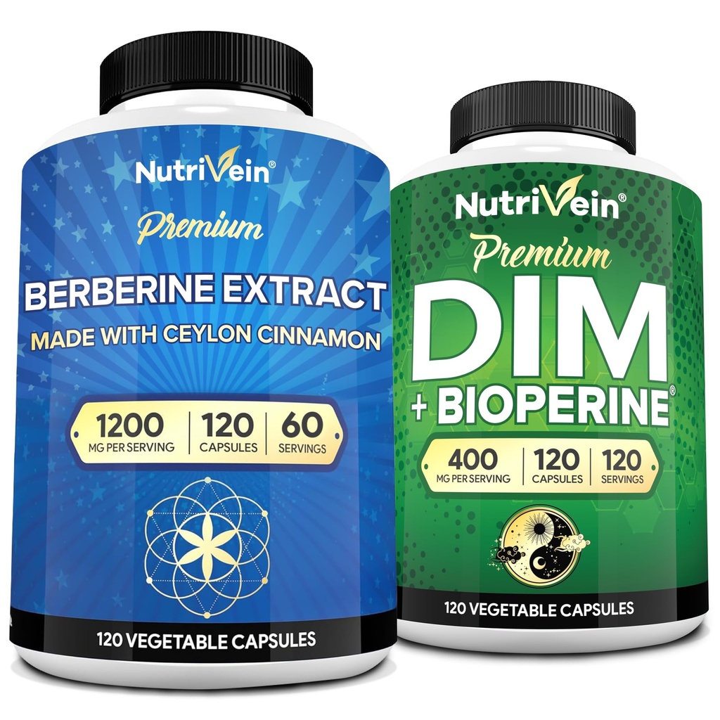 Nutrivein Premium DIM & Berberine Supplement Bundle: High-Absorption Berberine & DIM Supplement med Bioperine - för hormonbalans, Digestive Regularity, Metabolism och Total Wellness
