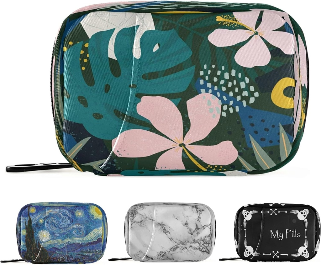 Naanle Hawaiian Palm Leaf Flower Pill Box 7 päivän pilleri tapauksessa Matka pilleri Organizer Bag kanssa Zipper Kannettava Viikoittain Asia Kompakti koko vitamiini täydentää haltija