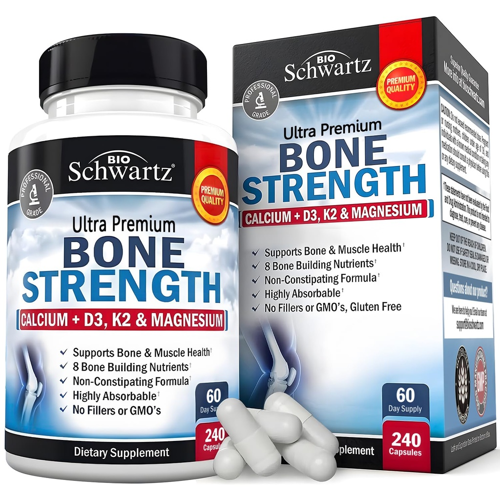 BioSchwartz Bone Strength Supplement - Gentle Non-Constipating Bone Health Supplement för kvinnor och män med 9-i-1 Komplex med Calcium Magnesium Zink D3 K2 & More - 3rd Party Tested - 2 månader