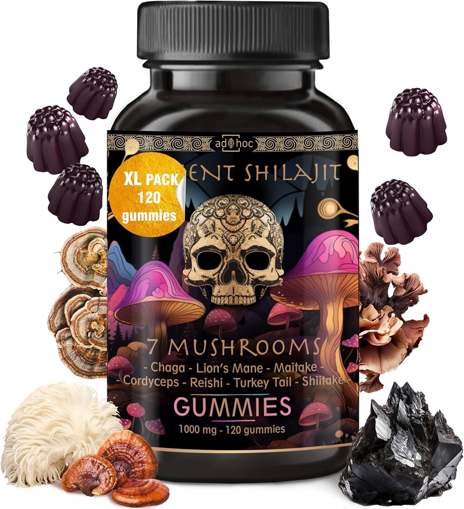 ad hoc Shilajit Pure Himalayan Organic Gummies - Immuunituki, energiatuen lisäravinteet - Shilajit Resin Lions Mane, Cordyceps, Reishi, Turkey Tail, Chaga,Shiitake Mushroom Gummies (120 Ct)