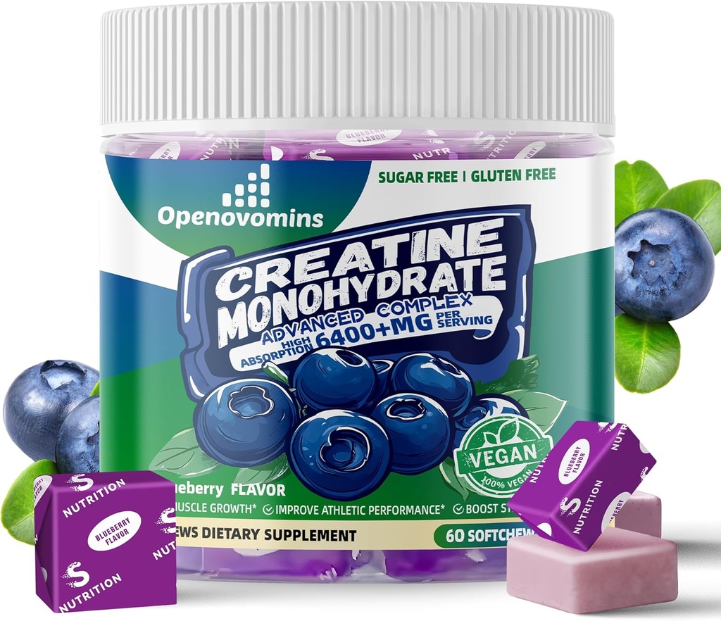 Kreatiini Monohydraatti Pehmeä purukumi Complex 6400 mg miehille ja naisille - Advanced Formula W/L-Tauriini + B12-vitamiini, sokeriton purutabletti,60 Mustikkapehmeä Chews