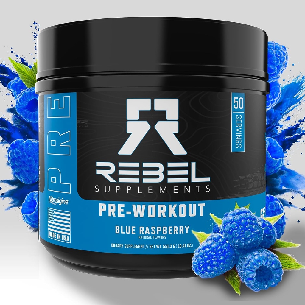 Rebell SupplementsTM Blue Razz Loaded Pre Workout | Extreme Pumps, Laser Focus, Insane Energy | 7000mg L-Citrulline, 4000mg Beta Alanine, 1500mg Nitrosigine®, 350mg koffein | 50 portioner
