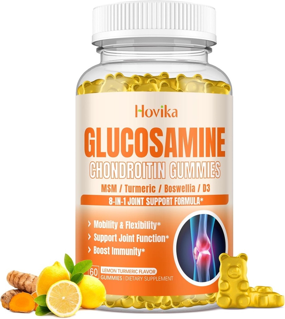 Glukosamiini Chondroitin MSM Gummies 1500mg - Joint Support Supplement Turmeric, Boswellia, D3-vitamiini, hyaluronihappo, antioksidantti, Immuunituki aikuisille, Miehet ja naiset Vegan, 60 Gummies