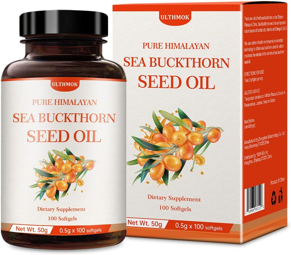 ULTHMOK Premium Sea Buckthorn Seed Oil,100% Seed Oil,100 Softgels & 100×500mg,Non-GMO,Gluteeniton.