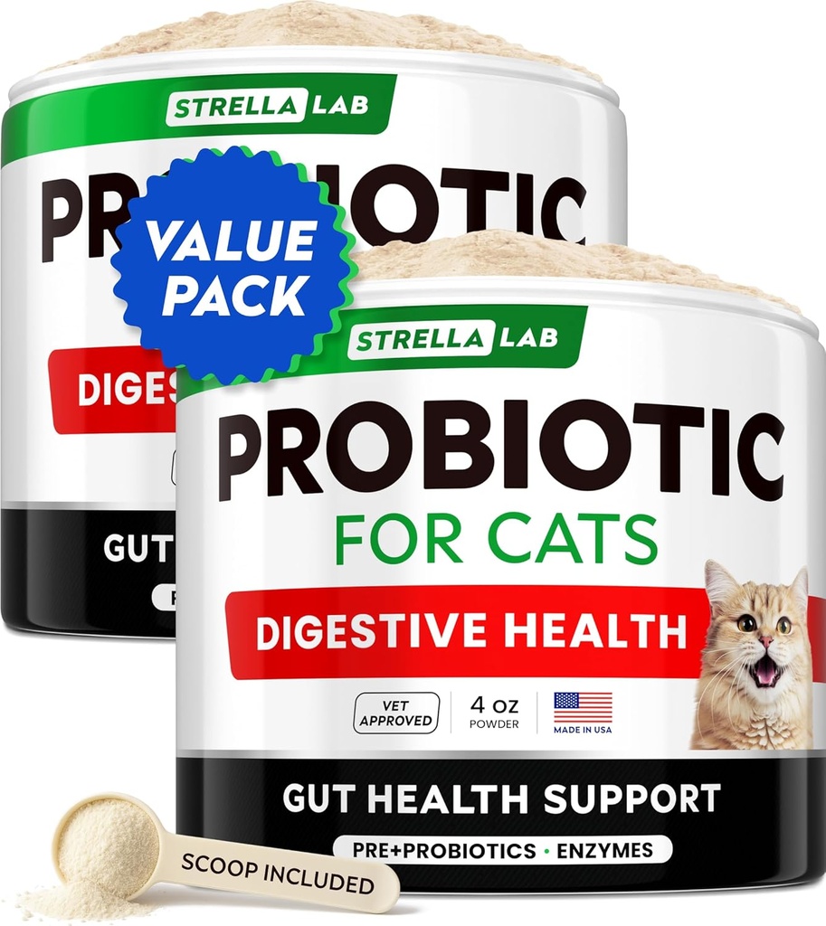 StrellaLab Cat Probiootti jauhe - Probiootit kissat ripuli - Helppo sekoittaa jauhe - Cat Probiootit sisäkissat, terveys tarvikkeet elintarvikkeiden täydentää, digestiivinen tuki (8 oz / pakkaus 2)