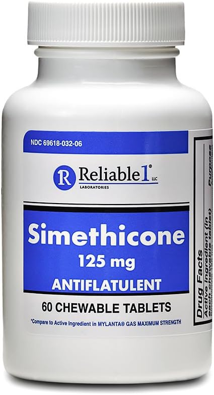Luotettava 1 simetikoni 125 mg anti-Gas 60 piparminttutablettia (1 pullo)