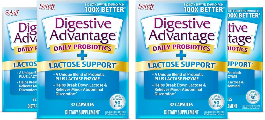 Digestive Advantage Lactose Defense - Bryter ner laktos för att försvara mot matsmältningsupprördhet, 32 kapslar (Pack of 4)