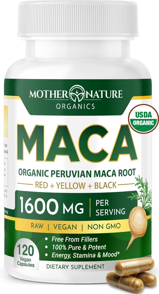 Luontoäiti Organic Maca Root kapselit 1600mg, 120 Vegan kapselit Perun keltainen, punainen ja musta Maca miesten ja naisten - energia, hormoni, aivot & paino Hyvinvoiva