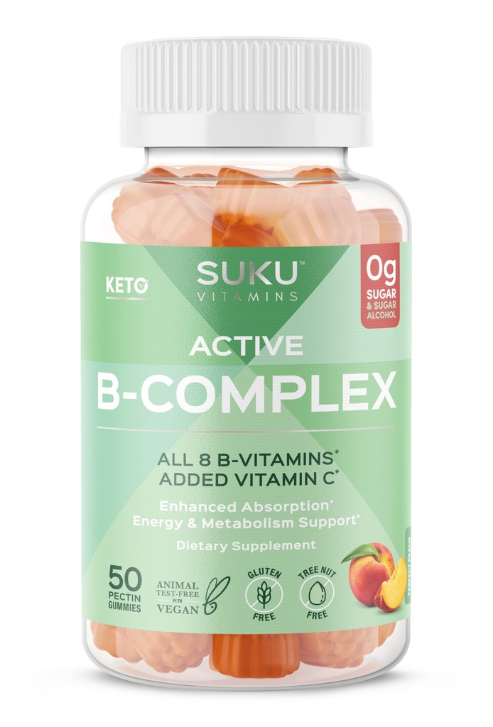 SUKU Vitamin B Complex Gummies med vitamin C - Sugar Free Vegan 8 B Vitamins Komplex Gummy Supplement Ökar cellutveckling, förbättrar metabolism & Collagen Formation, Peach Flavour (50 Gummies)