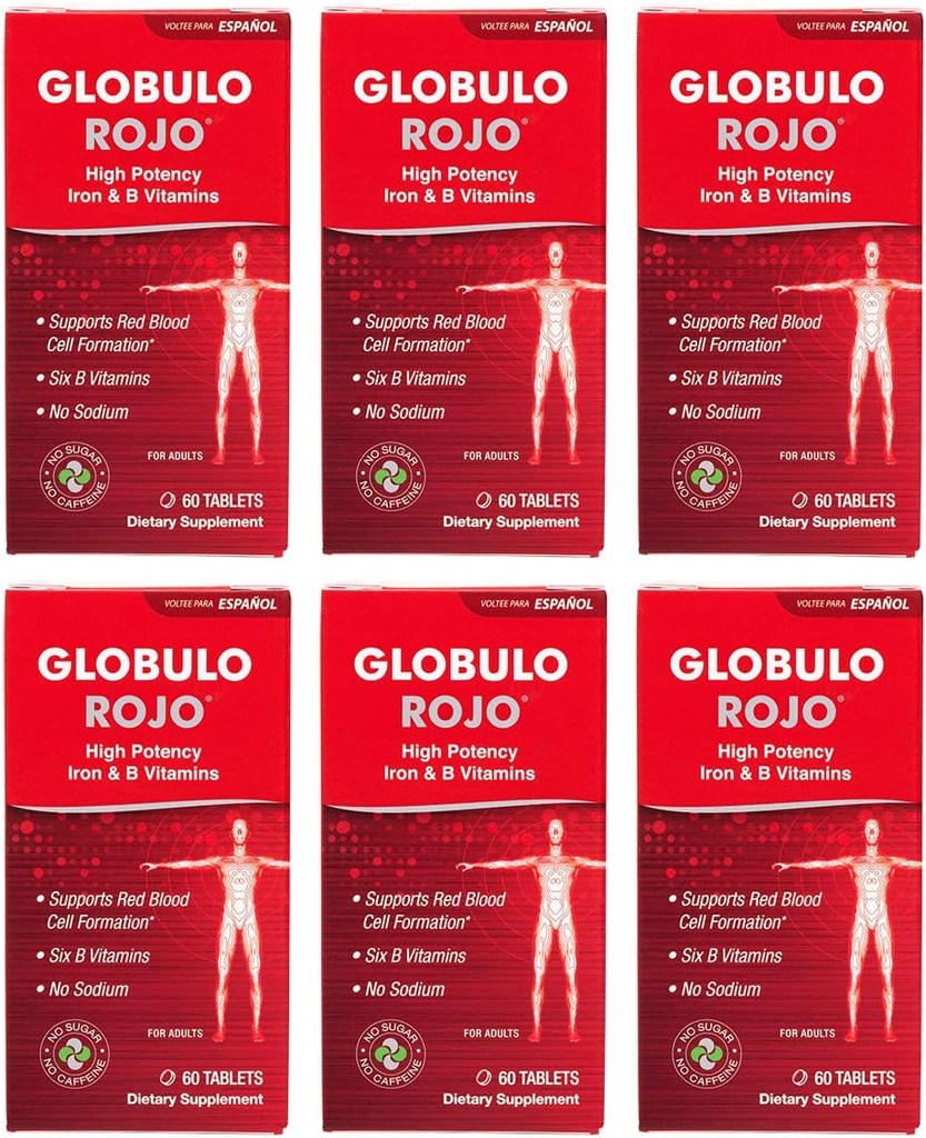 Globulo Rojo Iron Supplement - Ravintolisä pillereitä korkea teho Rauta & B-vitamiinia, 60 tablettia - 6 pakkaus