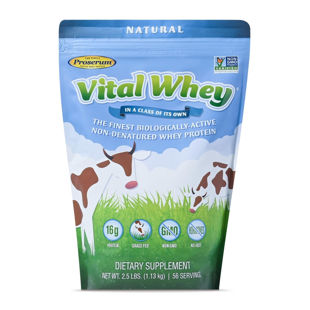 Grass-Fed Whey Proteinpulver för immun vitalitet, naturlig smak 2.5lbs (56 portioner), 15g Protein Per Servera, Vital Whey, Clean Holistic, Wellness Nutrition