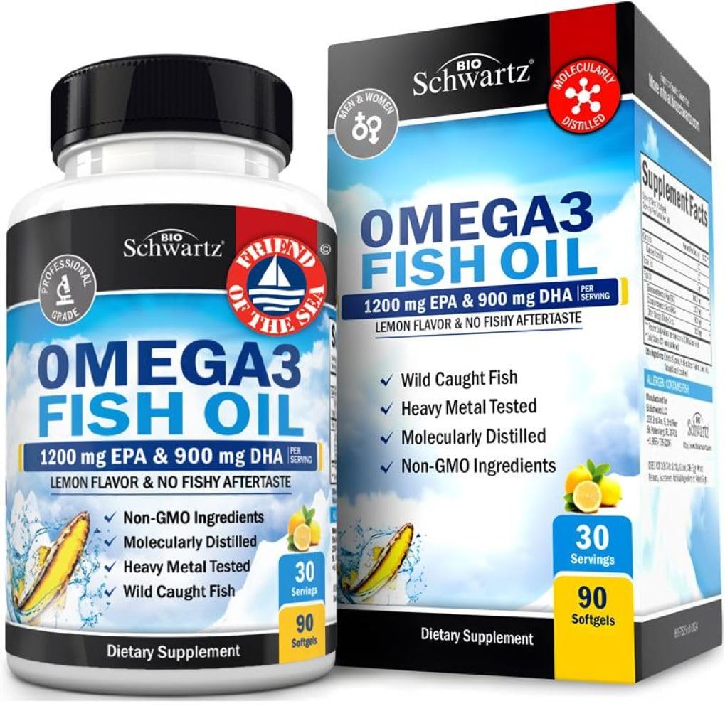 Triple Strength Omega 3 Fish Oil 3000mg - High Potency Omega 3 Supplement för kvinnor och män, Burpless Lemon Flavor Fish Oil - 2250mg Essential Fatty Acids med DHA & EPA, Wild Caught, 90 Softgels
