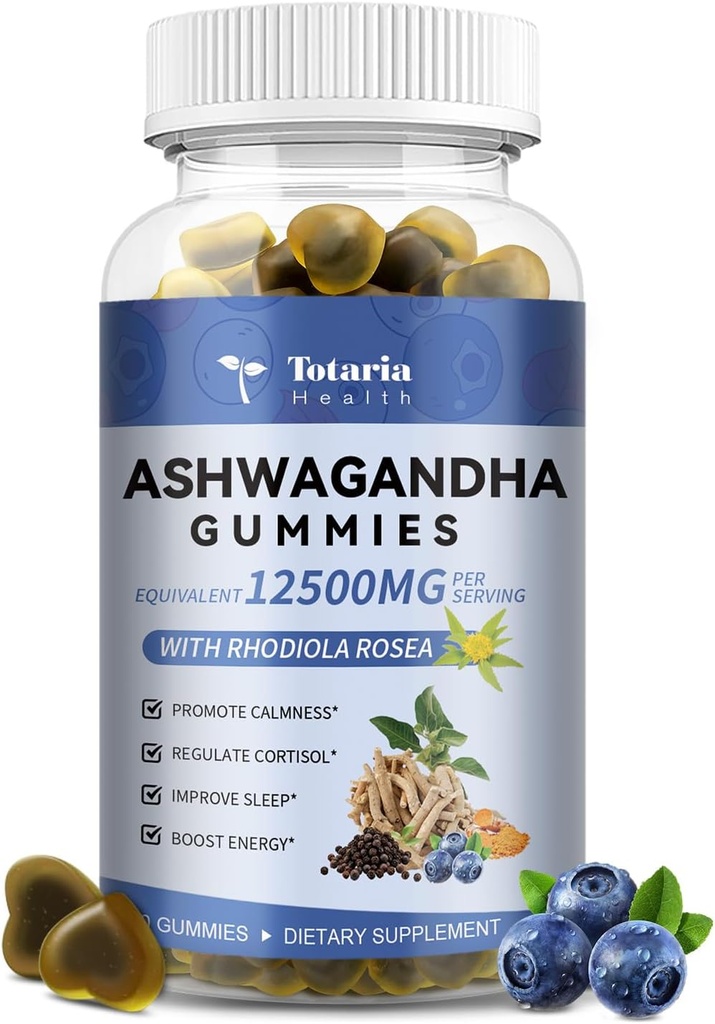Totaria Sugar Free Ashwagandha Täytetty Gummies w/Vitamin D3, Magnesium Glycinate, Rhodiola, Ultra Strength Ashwa juurilisät naisille ja Wen, rentoutumista, energiaa, Kortisol Gummies