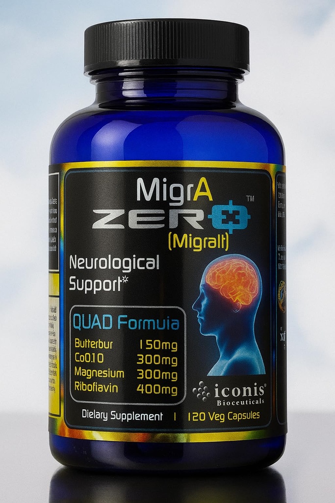 Migraine Relief, Quad-Formula med PA-Free Butterbur (150mg), CoQ10 (300mg), Magnesium Glycinate (300mg), High-Dose Riboflavin (400mg) - MigrA Zero (120 Caps) Optimal dosering för Migraine Sufferers
