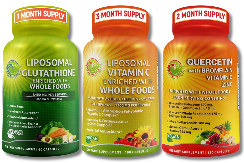 SUPPLEMENTS STUDIO High Absorption Antioxidant & Immune Support Bundle - Liposomal Vitamin C 1500mg + Glutathione 500mg + Quercetin med Bromelain, Zink & Whole Food Blend - Vegan, icke-GMO Capsules