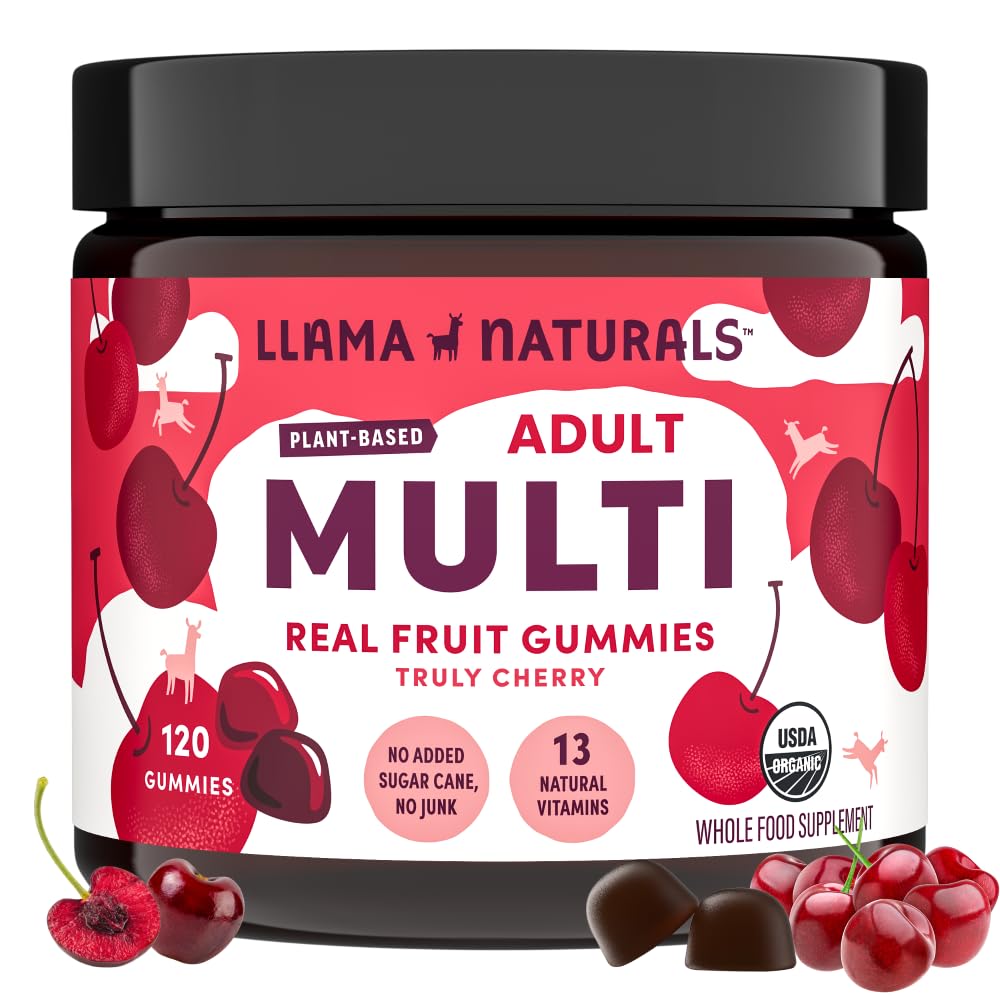 Llama Naturals Multivitamin för kvinnor och män, Vegan, organiska gummier med vitamin D, C och K, Vuxna Real Fruit Gummy Vitaminer, Chewable Multivitamin Supplement, No Added Sugar Cane, Cherry, 120 Ct
