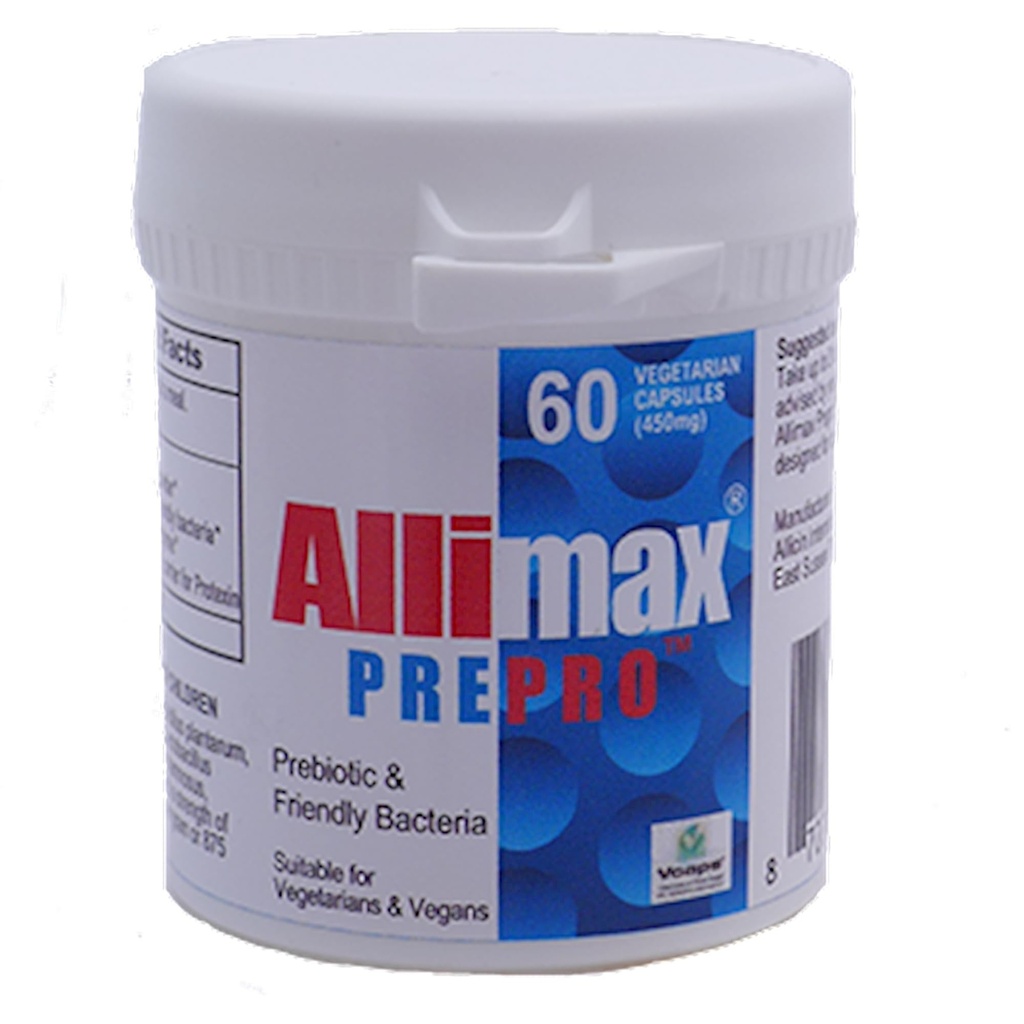 ALLIMAX Pre Pro - 60 Caps. Stabilized allicin Plus prebiootit, probiootit ja digestiiviset entsyymit.